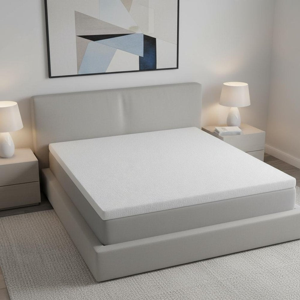 2" White Gel Memory Foam King Mattress Topper. Mattress topper in white.
