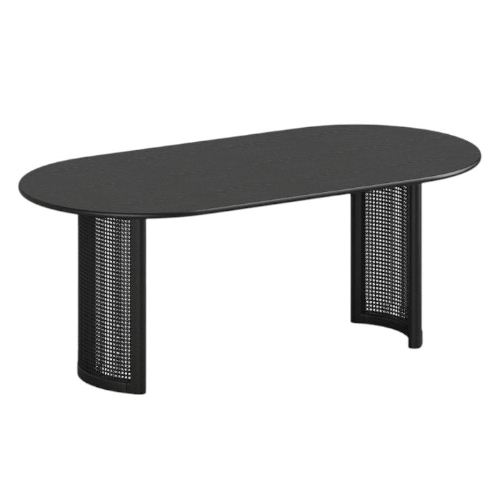 79" Black Solid Wood Double And Rattan Pedestal Base Oval Dining Table