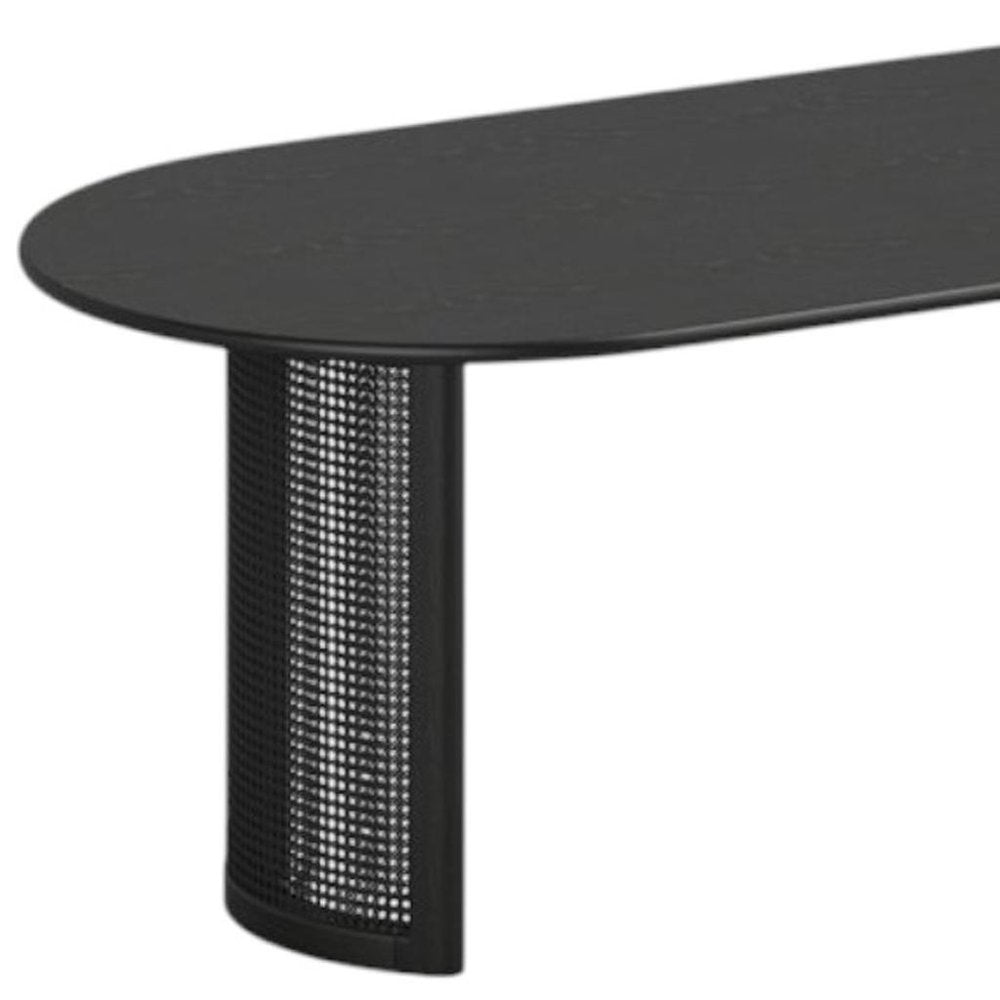 79" Black Solid Wood Double And Rattan Pedestal Base Oval Dining Table