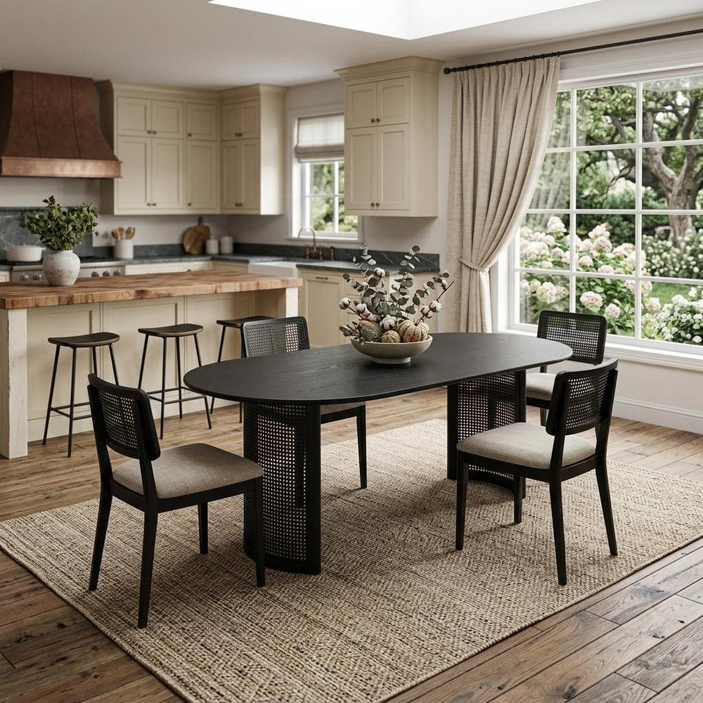 79" Black Solid Wood Double And Rattan Pedestal Base Oval Dining Table