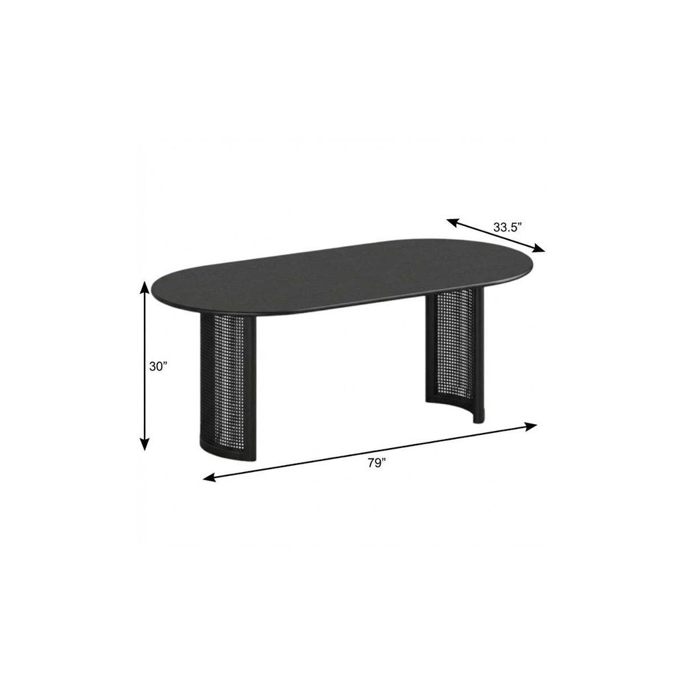 79" Black Solid Wood Double And Rattan Pedestal Base Oval Dining Table