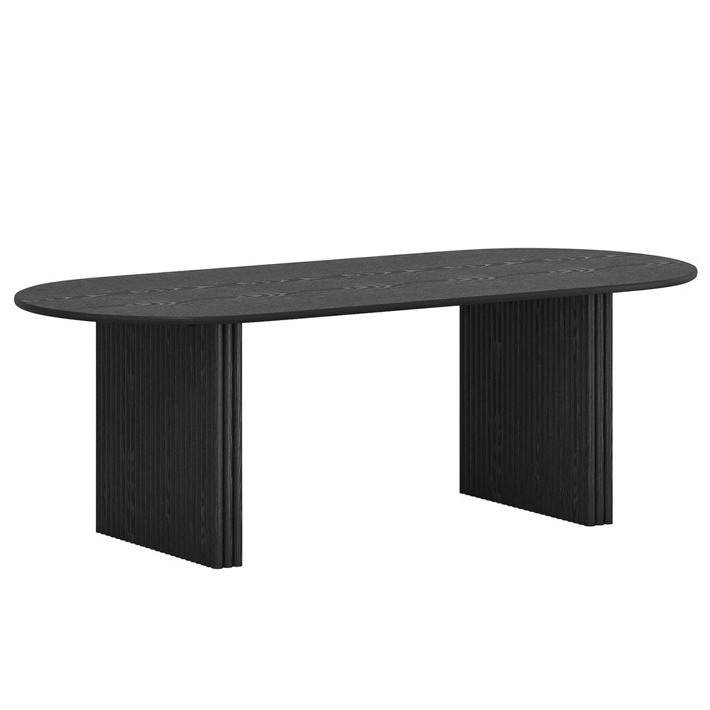 79" Black Solid Wood Double Pedestal Base Oval Dining Table on a white background