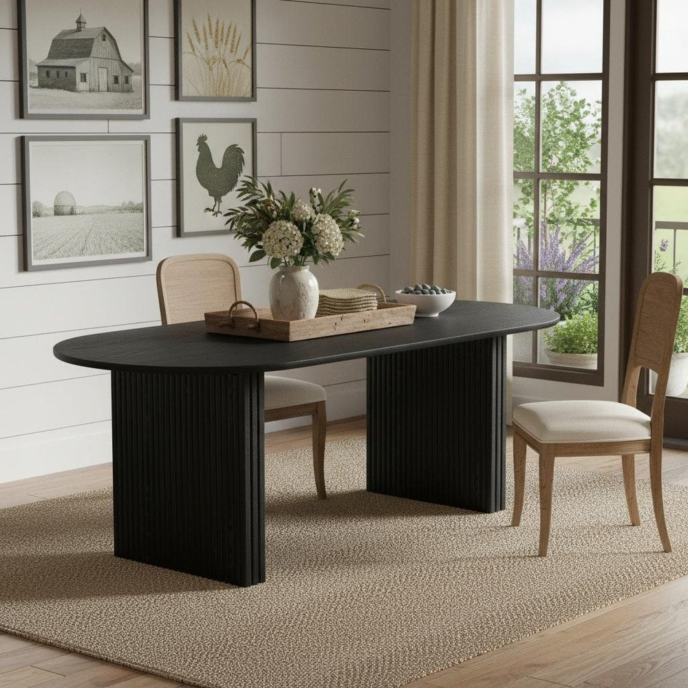 79" Black Solid Wood Double Pedestal Base Oval Dining Table