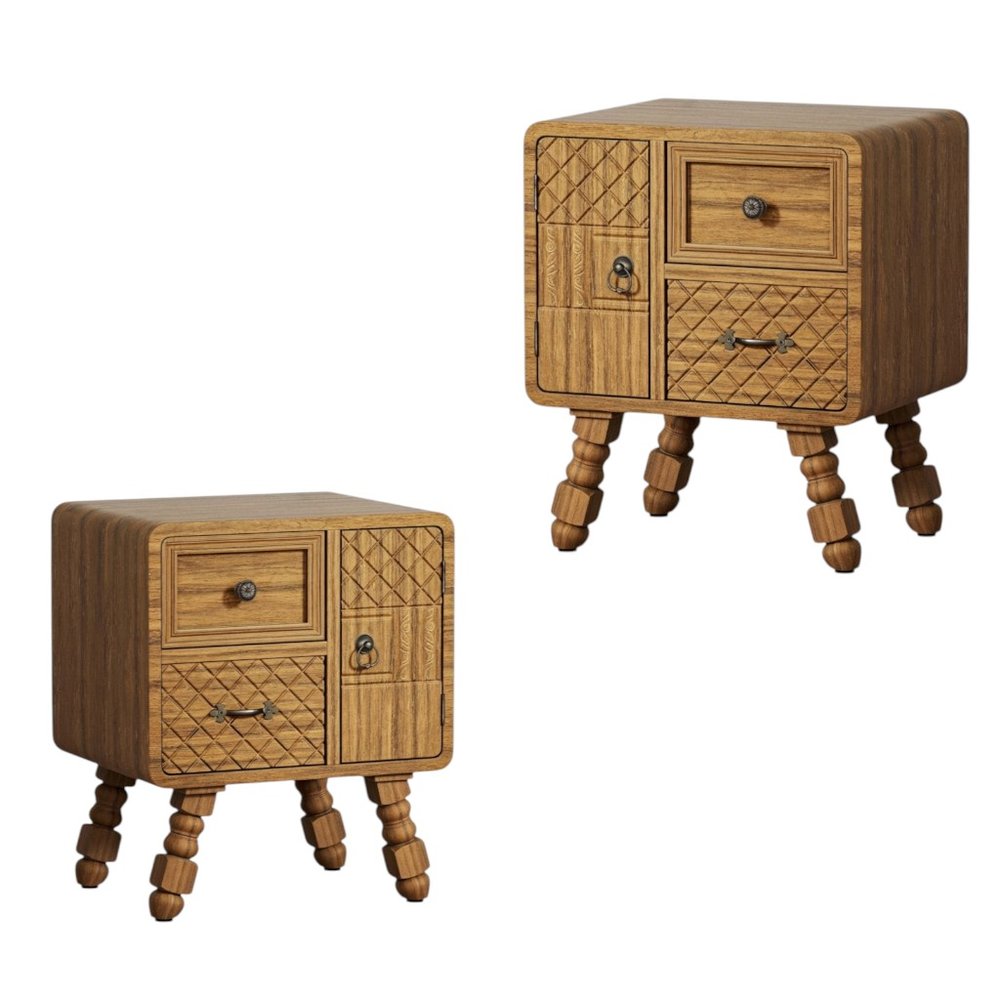 Set Of Two Sepia Solid Wood Console Accent Cabinet With Single Door And Two Drawers