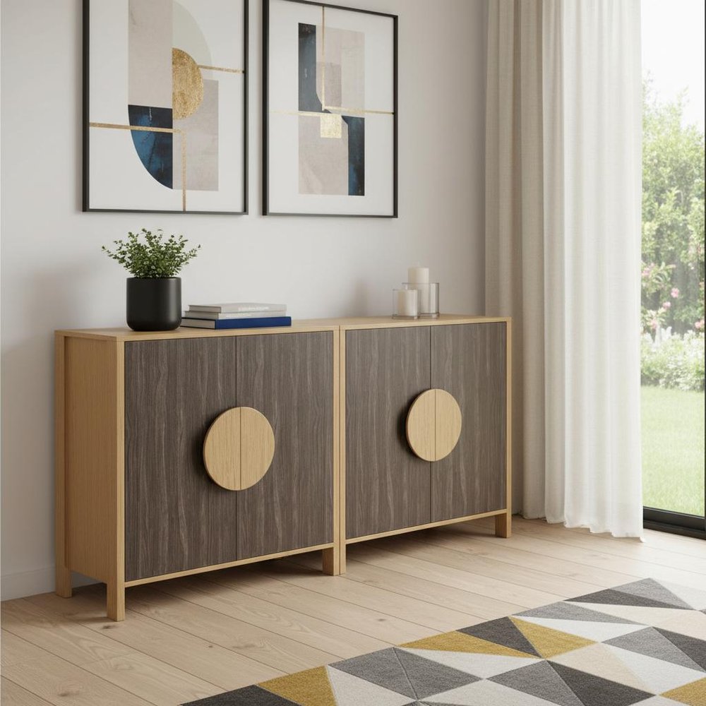 Set Of Two Sepia Solid Wood Console Accent Cabinet With Two Doors