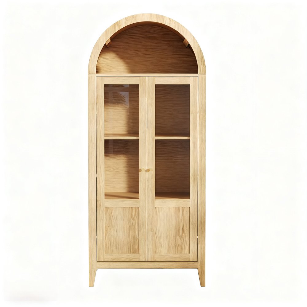 71" Natural Arched Accent Cabinet With Two Glass Panel Doors