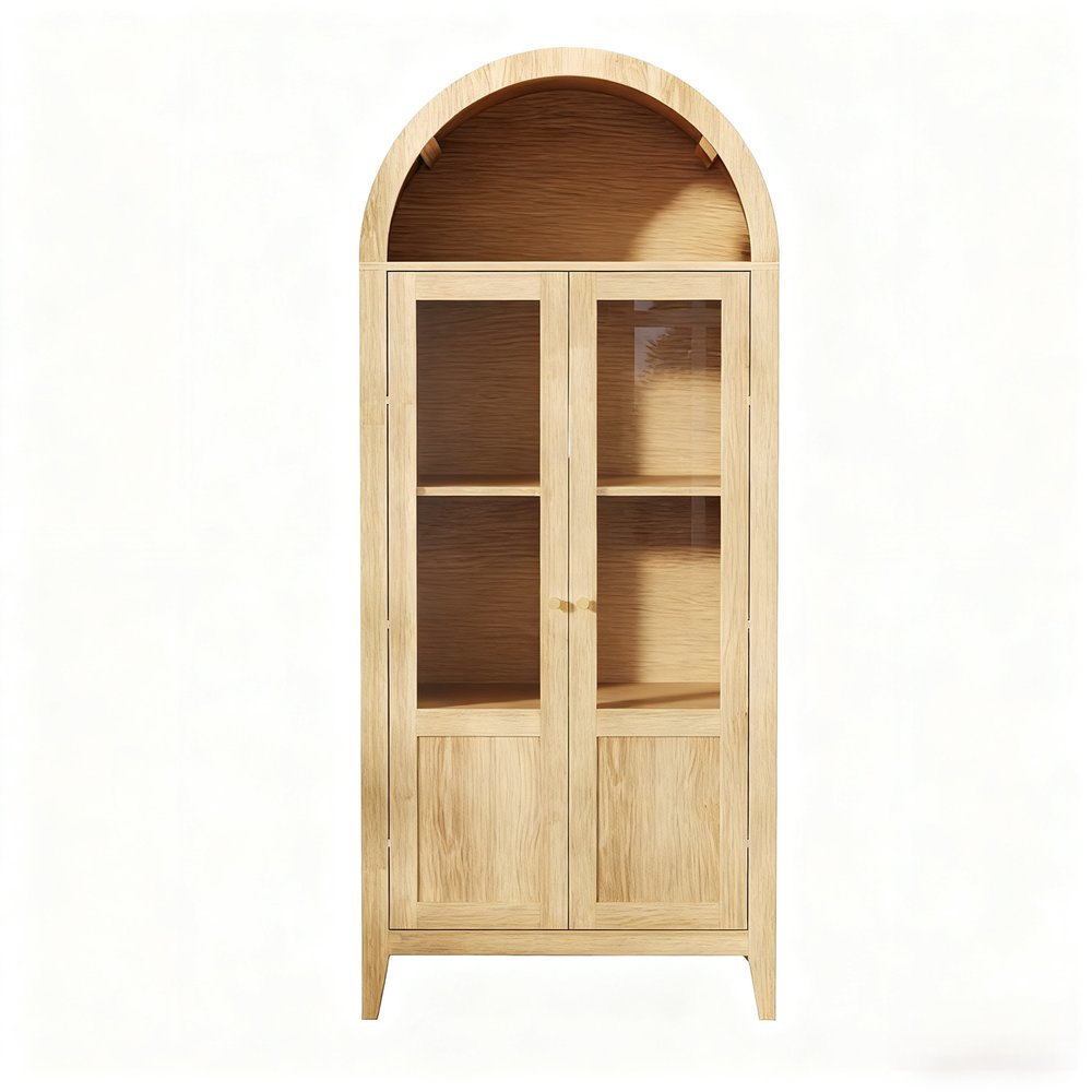 71" Natural Arched Accent Cabinet With Two Glass Panel Doors