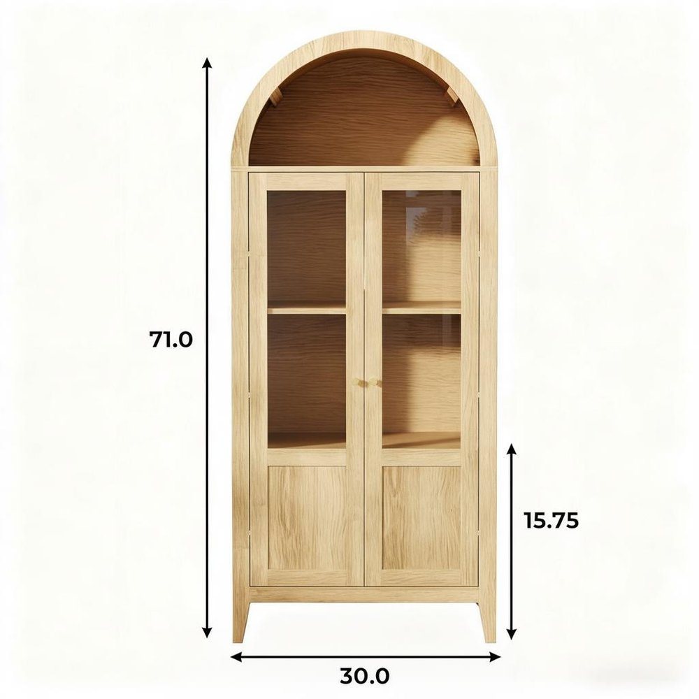 71" Natural Arched Accent Cabinet With Two Glass Panel Doors