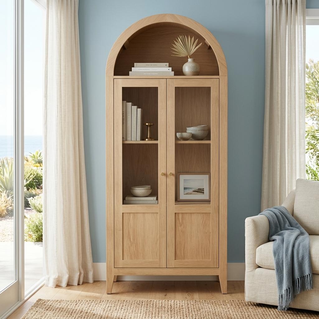 71" Natural Arched Accent Cabinet With Two Glass Panel Doors