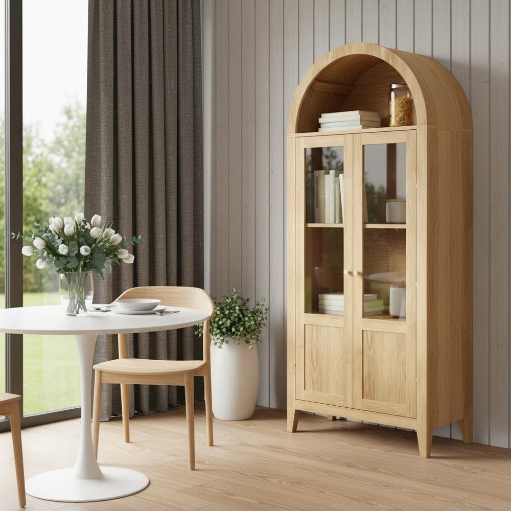 71" Natural Arched Accent Cabinet With Two Glass Panel Doors