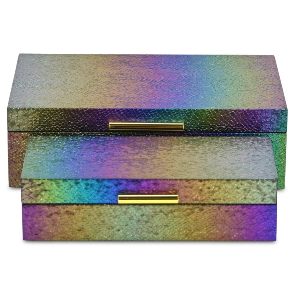 Set of Two Rainbow And Gold Faux Shagreen Nesting Storage Boxes With Lids on a white background