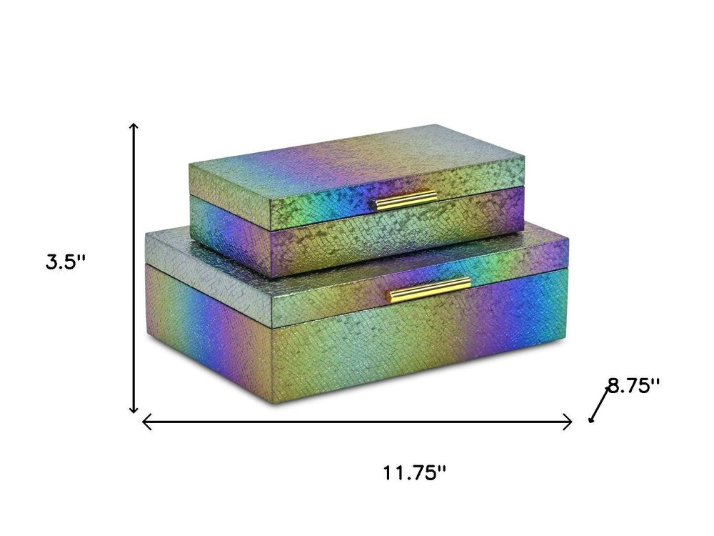 Set of Two Rainbow And Gold Faux Shagreen Nesting Storage Boxes With Lids on a white background
