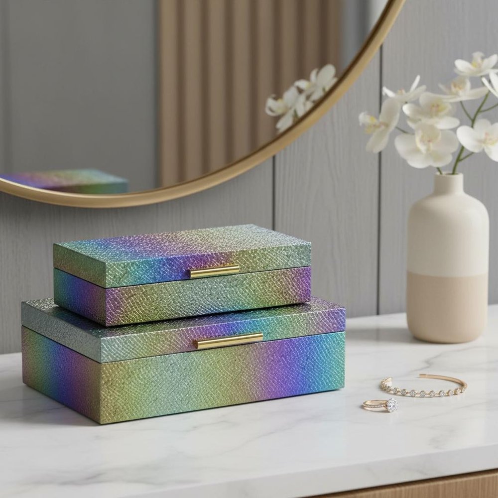 Set of Two Rainbow And Gold Faux Shagreen Nesting Storage Boxes With Lids in a home interior