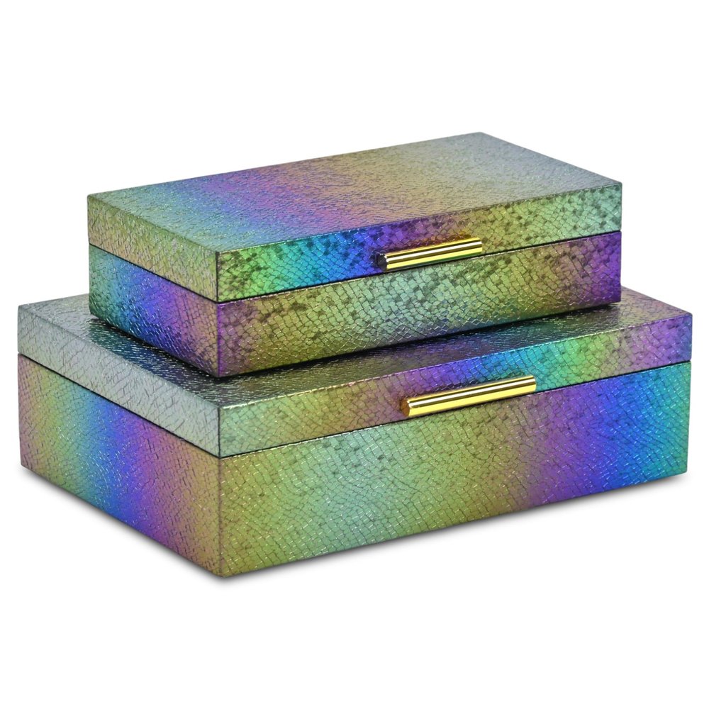 Set of Two Rainbow And Gold Faux Shagreen Nesting Storage Boxes With Lids on a white background