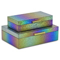 Set of Two Rainbow And Gold Faux Shagreen Nesting Storage Boxes With Lids on a white background