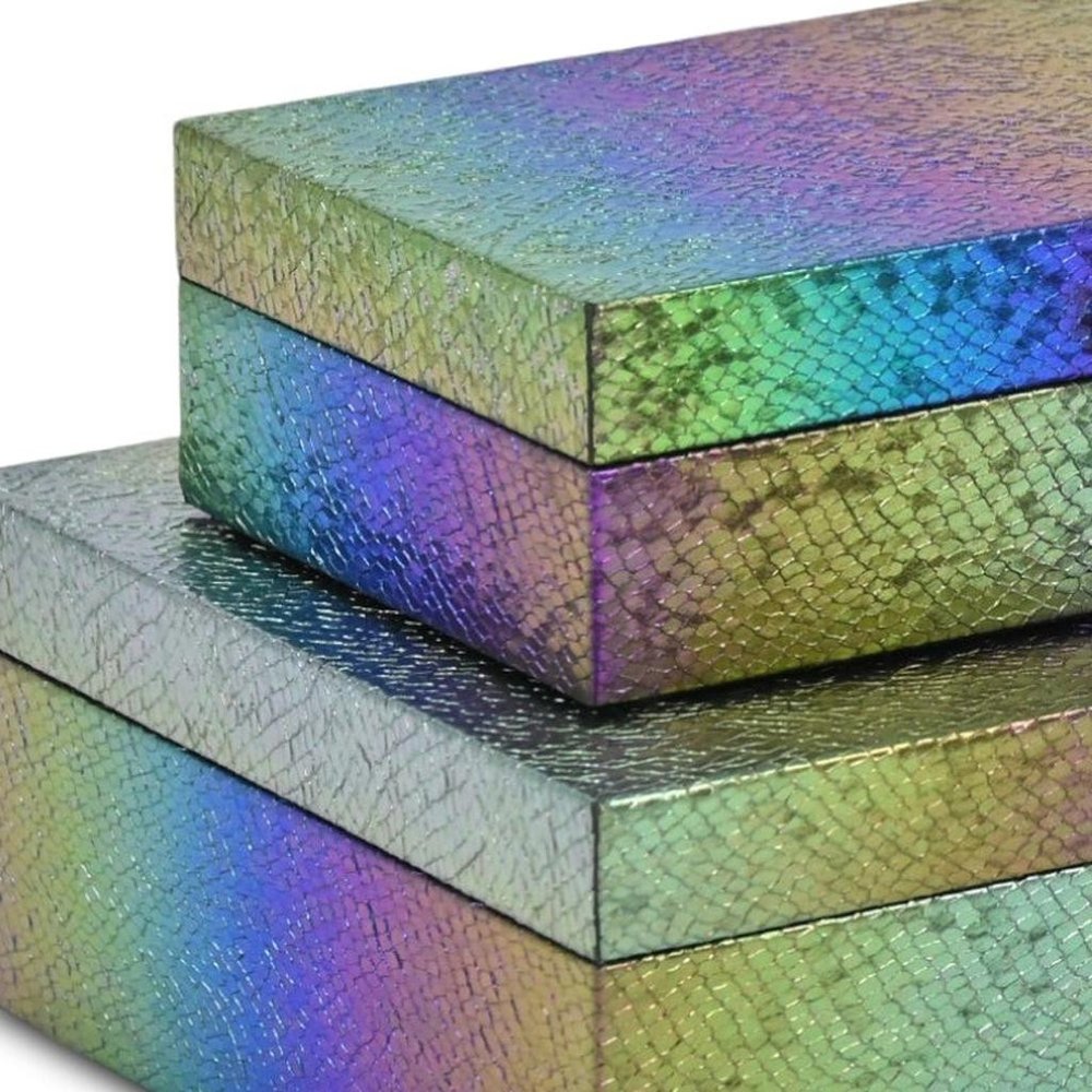 Set of Two Rainbow And Gold Faux Shagreen Nesting Storage Boxes With Lids close-up detail