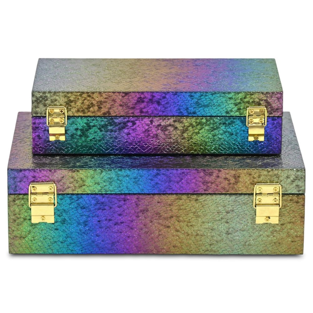 Set of Two Rainbow And Gold Faux Shagreen Nesting Storage Boxes With Lids