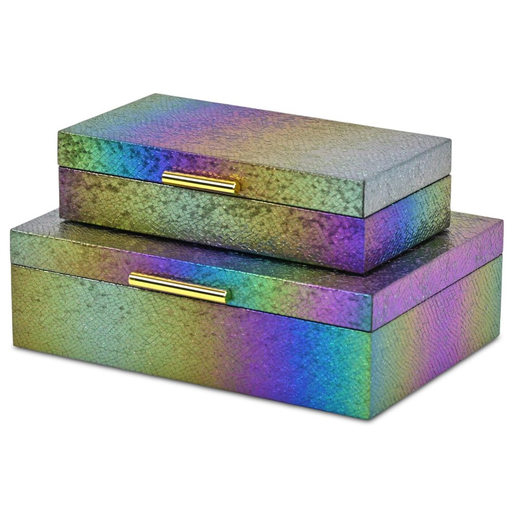Set of Two Rainbow And Gold Faux Shagreen Nesting Storage Boxes With Lids on a white background