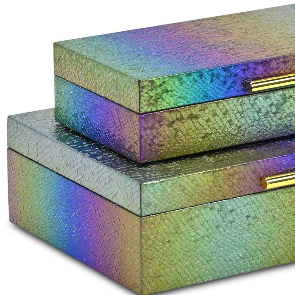 Set of Two Rainbow And Gold Faux Shagreen Nesting Storage Boxes With Lids on a white background