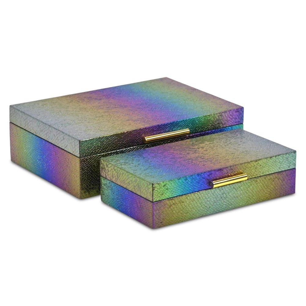 Set of Two Rainbow And Gold Faux Shagreen Nesting Storage Boxes With Lids