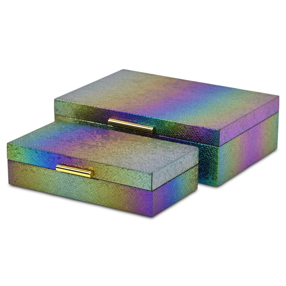 Set of Two Rainbow And Gold Faux Shagreen Nesting Storage Boxes With Lids