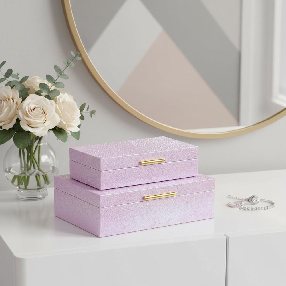 Set of Two Pink And Gold Faux Shagreen Nesting Storage Boxes With Lids on a white background