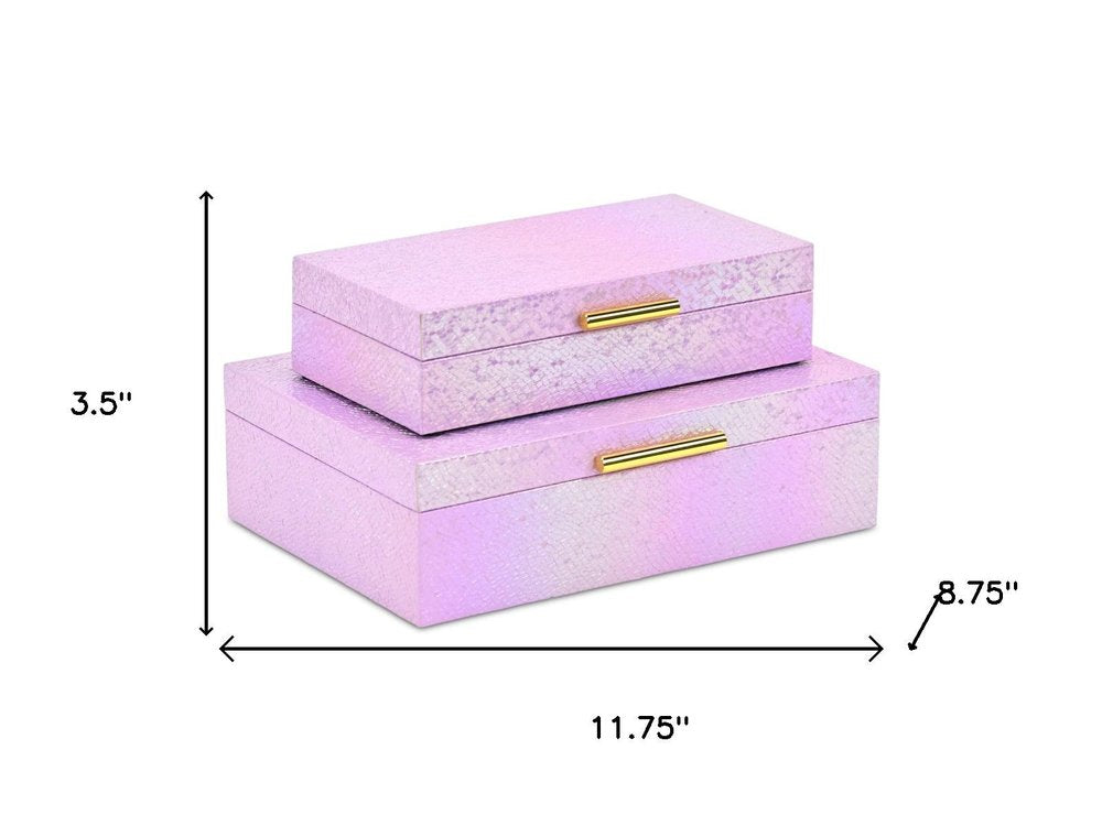 Set of Two Pink And Gold Faux Shagreen Nesting Storage Boxes With Lids on a white background