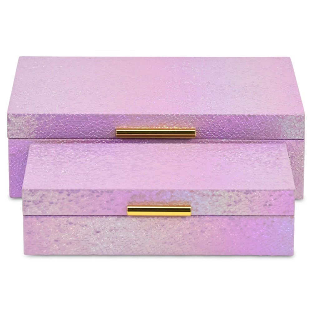 Set of Two Pink And Gold Faux Shagreen Nesting Storage Boxes With Lids on a white background