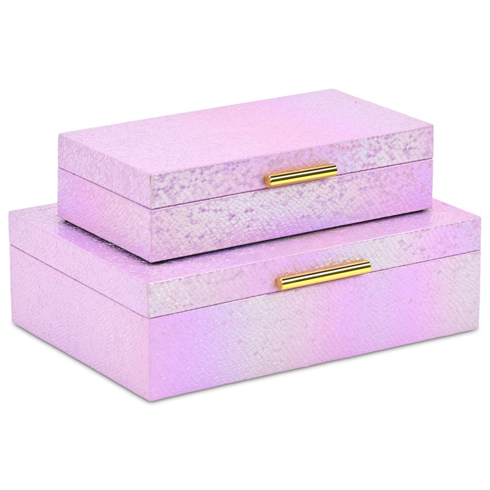 Set of Two Pink And Gold Faux Shagreen Nesting Storage Boxes With Lids on a white background