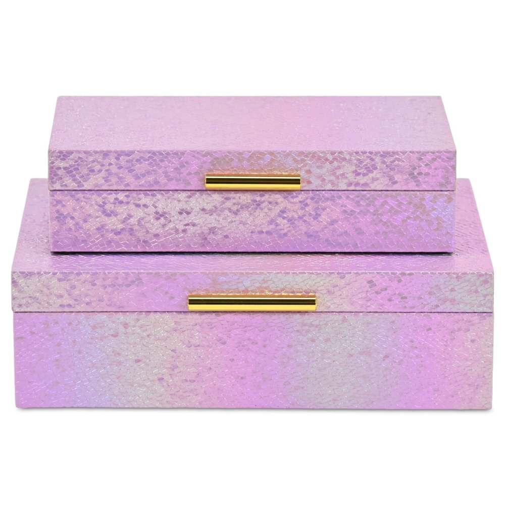 Set of Two Pink And Gold Faux Shagreen Nesting Storage Boxes With Lids on a white background