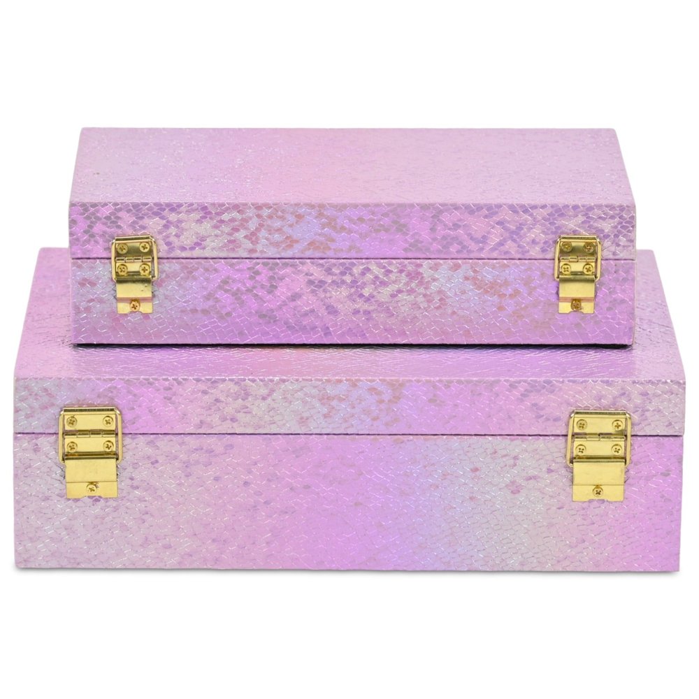 Set of Two Pink And Gold Faux Shagreen Nesting Storage Boxes With Lids on a white background
