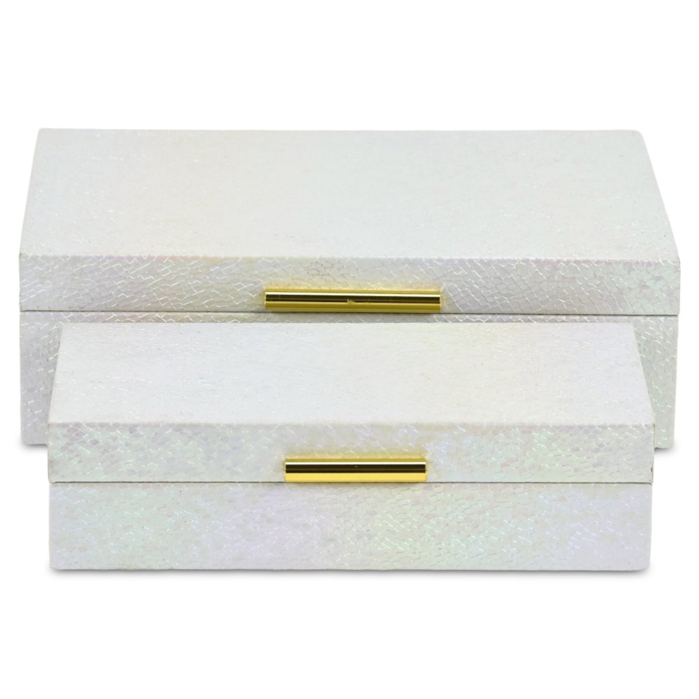 Set of Two White And Gold Faux Shagreen Nesting Storage Boxes With Lids on a white background
