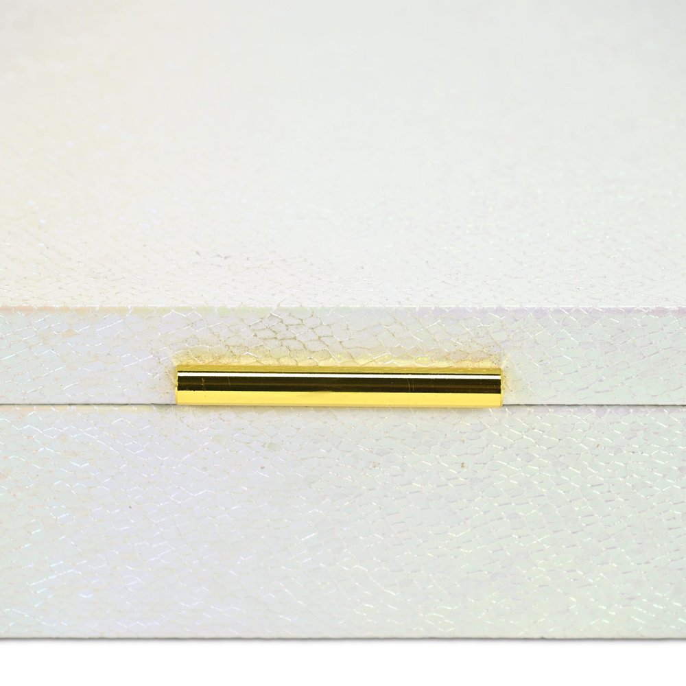 Set of Two White And Gold Faux Shagreen Nesting Storage Boxes With Lids on a white background