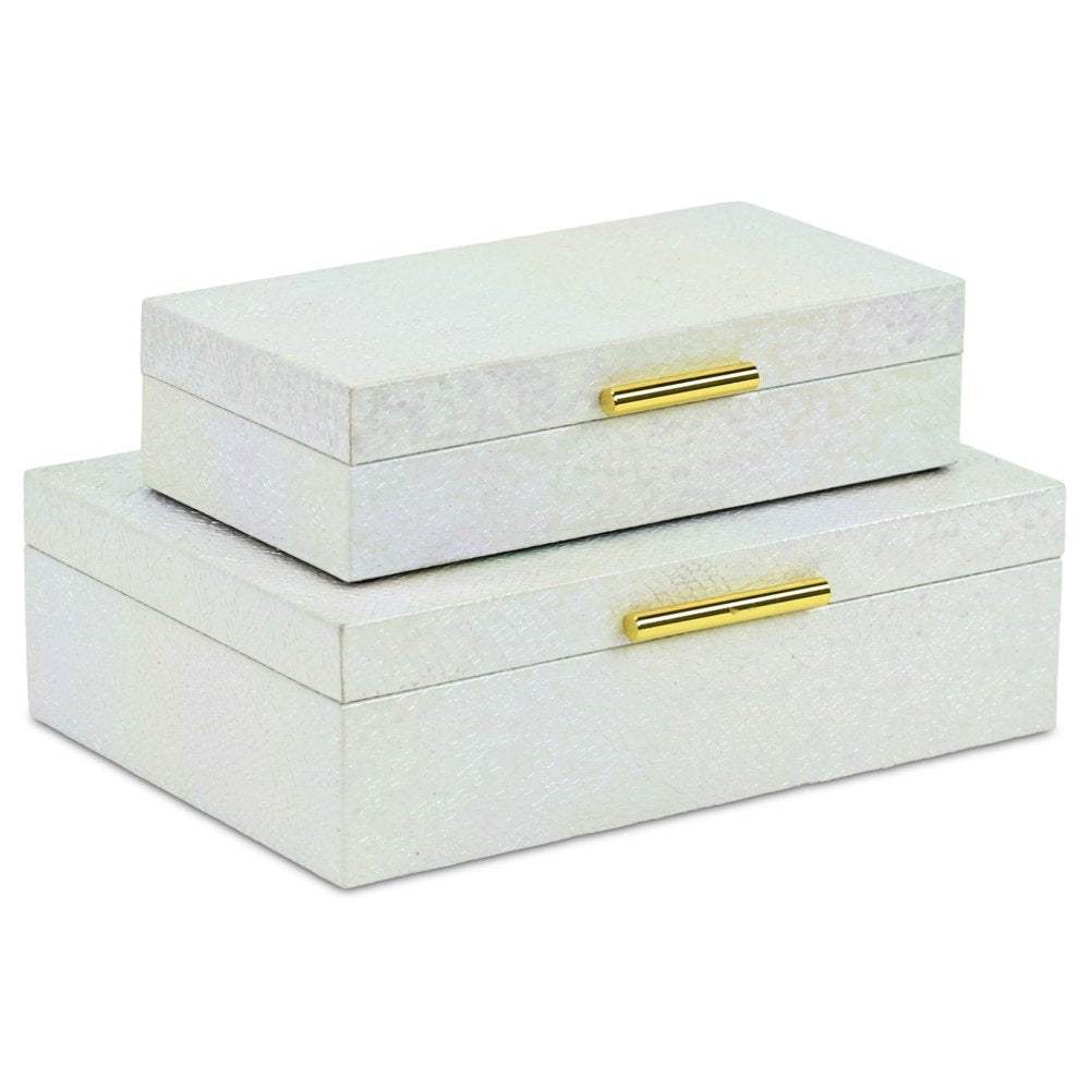 Set of Two White And Gold Faux Shagreen Nesting Storage Boxes With Lids on a white background