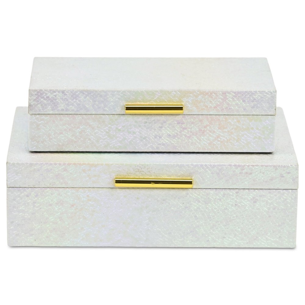 Set of Two White And Gold Faux Shagreen Nesting Storage Boxes With Lids on a white background