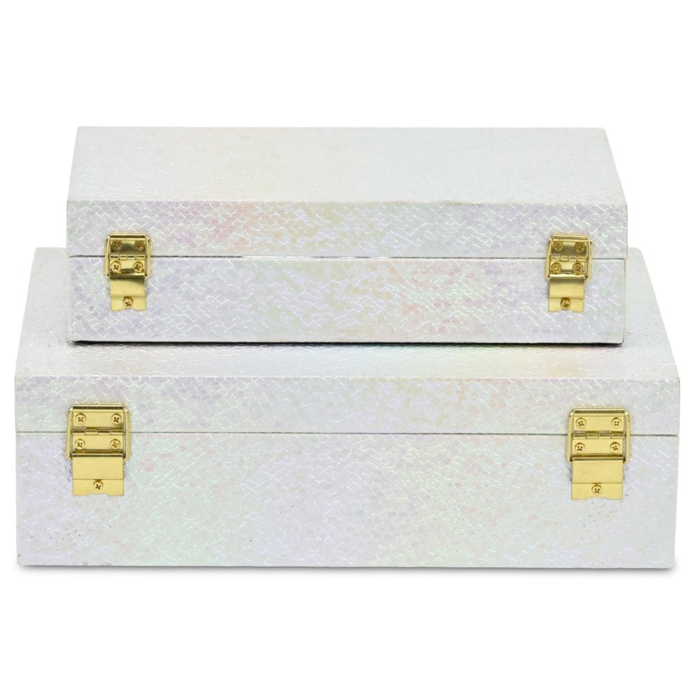 Set of Two White And Gold Faux Shagreen Nesting Storage Boxes With Lids on a white background