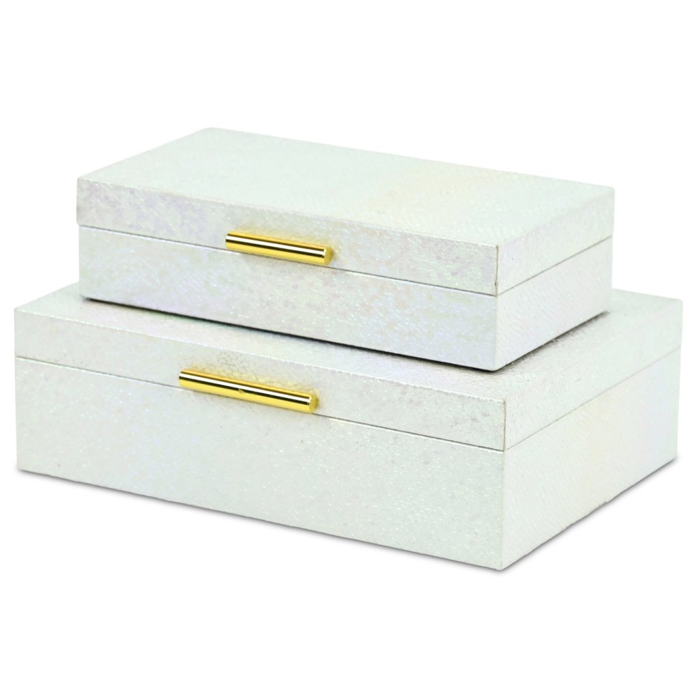 Set of Two White And Gold Faux Shagreen Nesting Storage Boxes With Lids on a white background