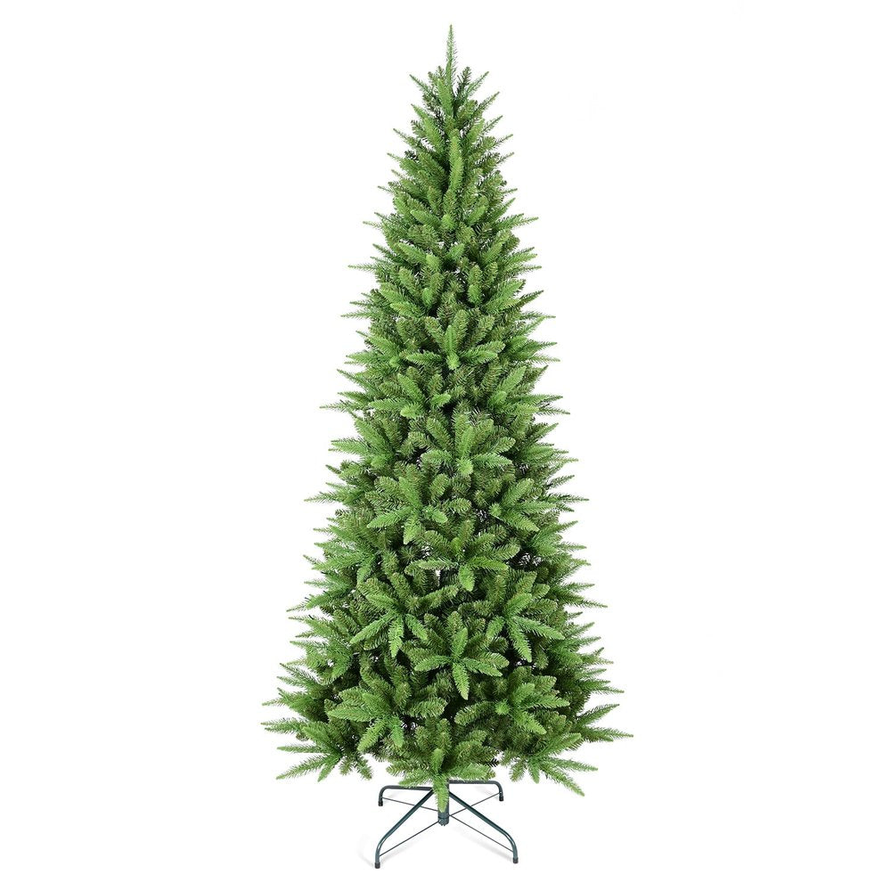 A tall, full, green artificial pine Christmas tree with a metal stand on a white background.