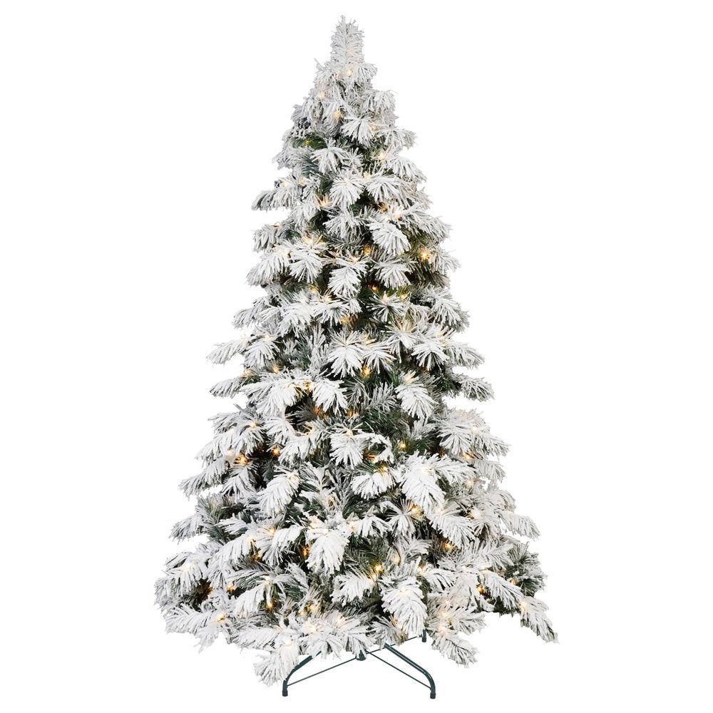 7' Pre Lit Full Flocked Pine Christmas Tree on a white background