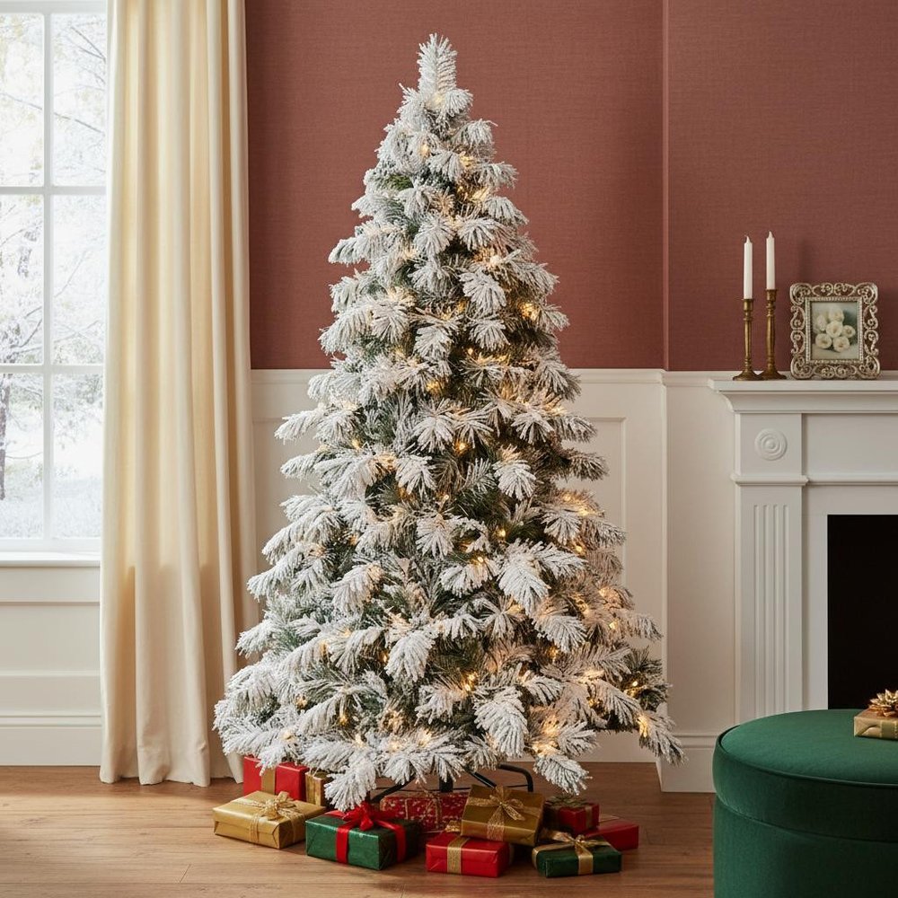 7' Pre Lit Full Flocked Pine Christmas Tree in a home interior