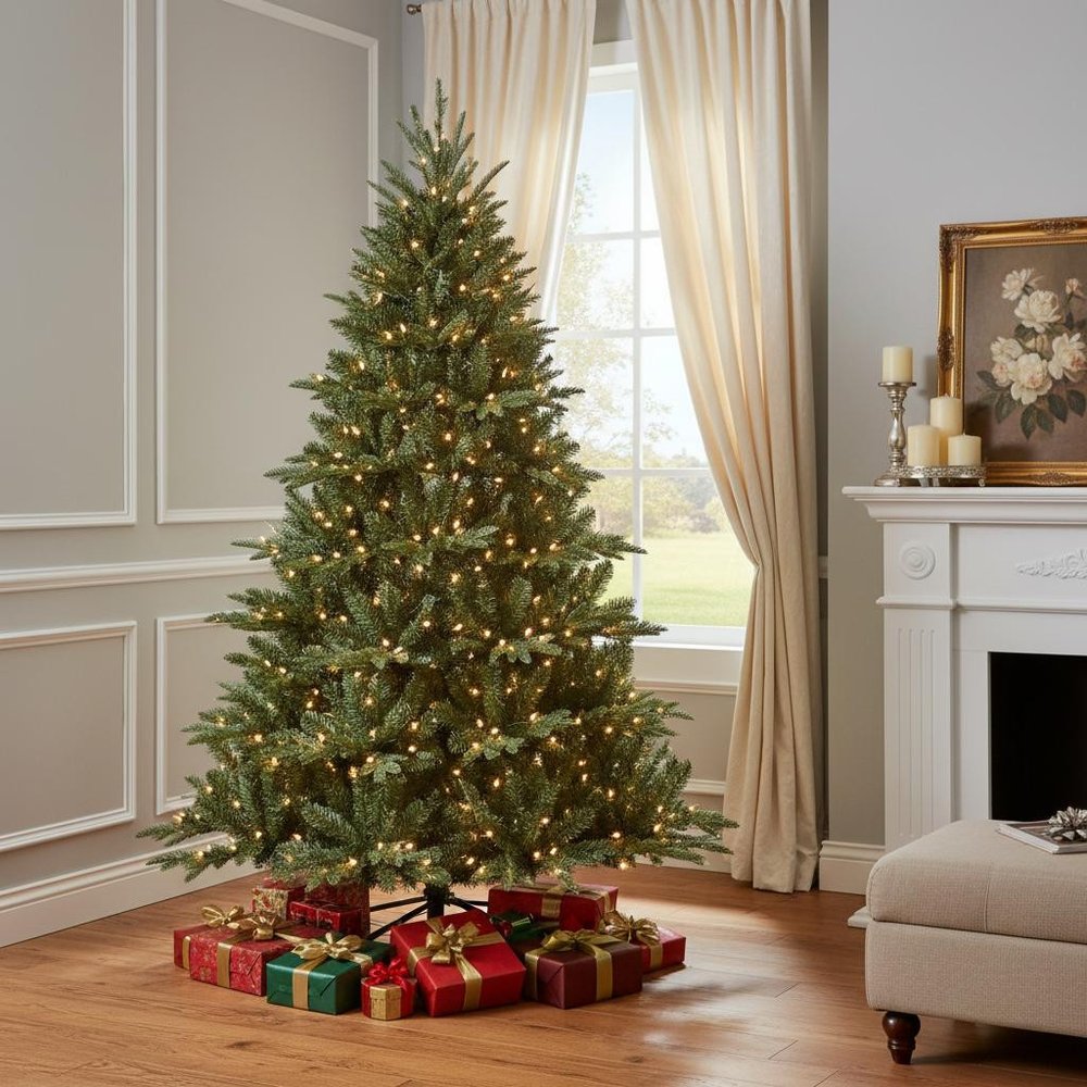 7.5' Pre Lit Full Pine Christmas Tree in a home interior