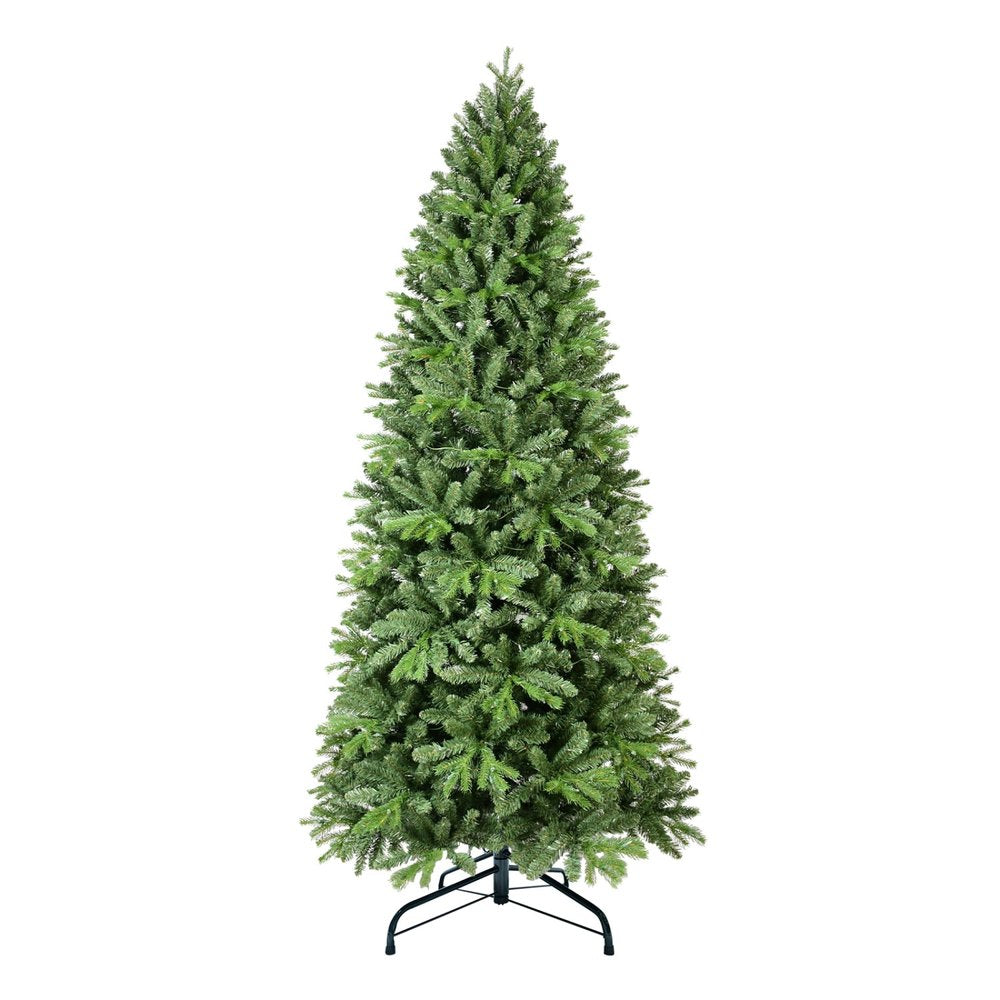 A full, green artificial pine Christmas tree with a black metal stand on a white background.