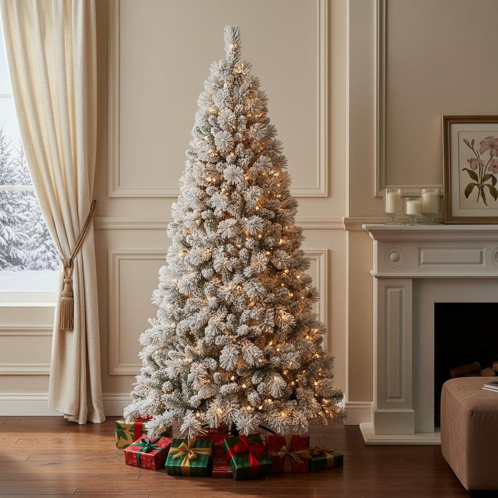 7' Pre Lit Full Flocked Pine Christmas Tree - 84.00" H x 47.00" W x 47.00" D