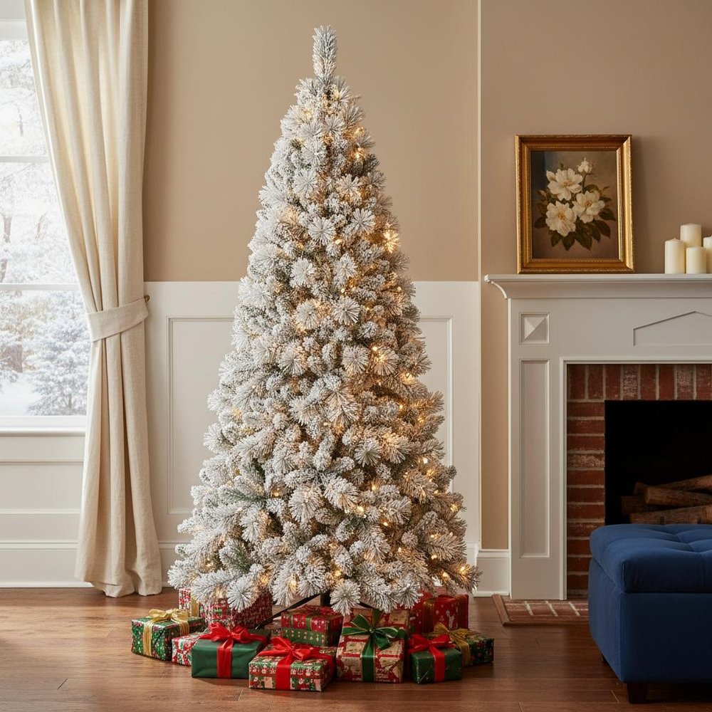 7' Pre Lit Full Flocked Pine Christmas Tree in a home interior