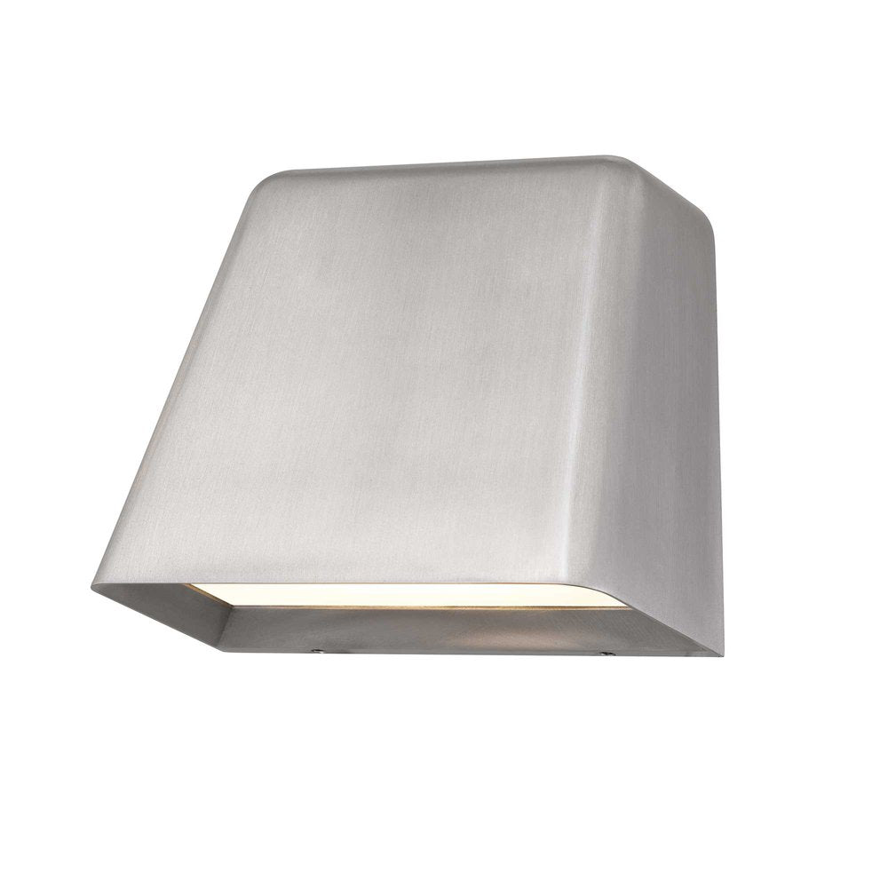 Brushed silver LED dimmable outdoor hanging light with a modern geometric design against a white background.