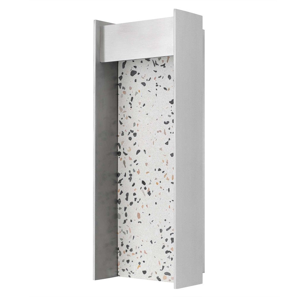 Silver outdoor hanging light with a terrazzo-patterned insert and a brushed metal finish.