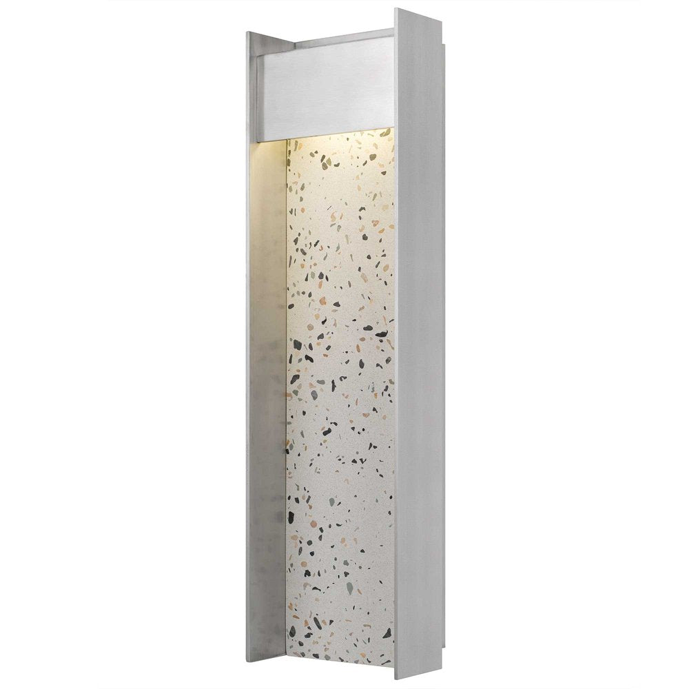 Silver outdoor hanging light with terrazzo panel and LED illumination.