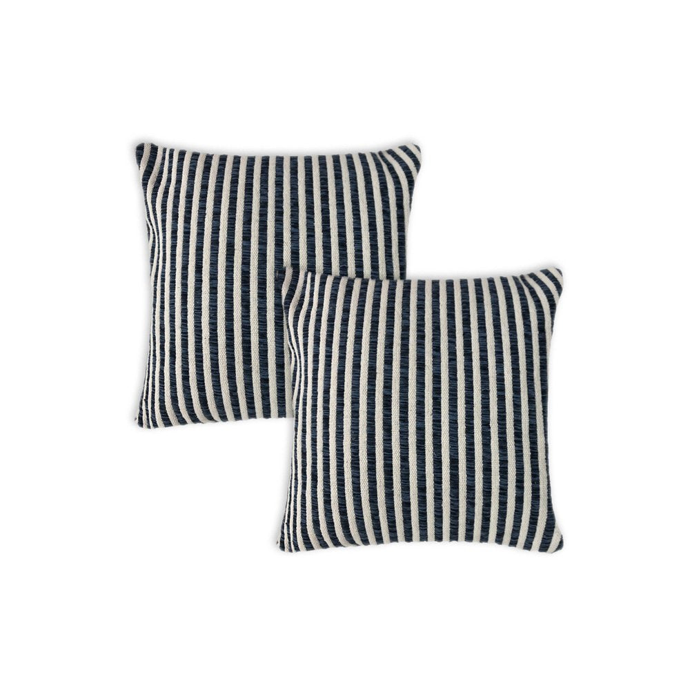 Two square throw pillow covers with navy and white vertical stripes on a white background.