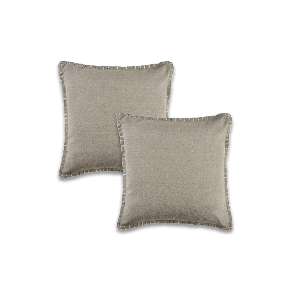 Two square gray cotton throw pillow covers with white stitching on a white background.