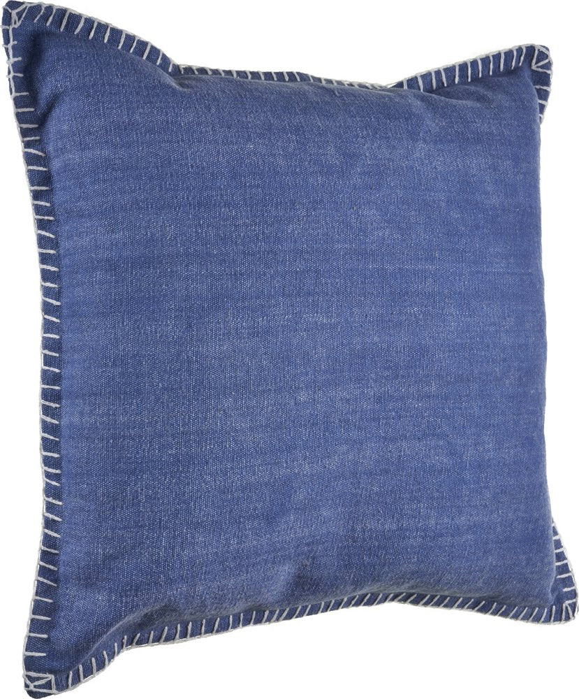 A blue cotton throw pillow with white stitching along the edges, isolated on a white background.